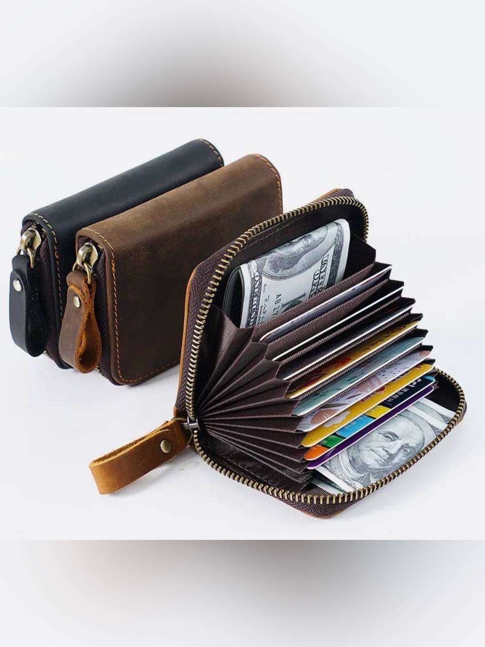 Men's Compact Leather Card Wallet - Brown crazy horse cowhide